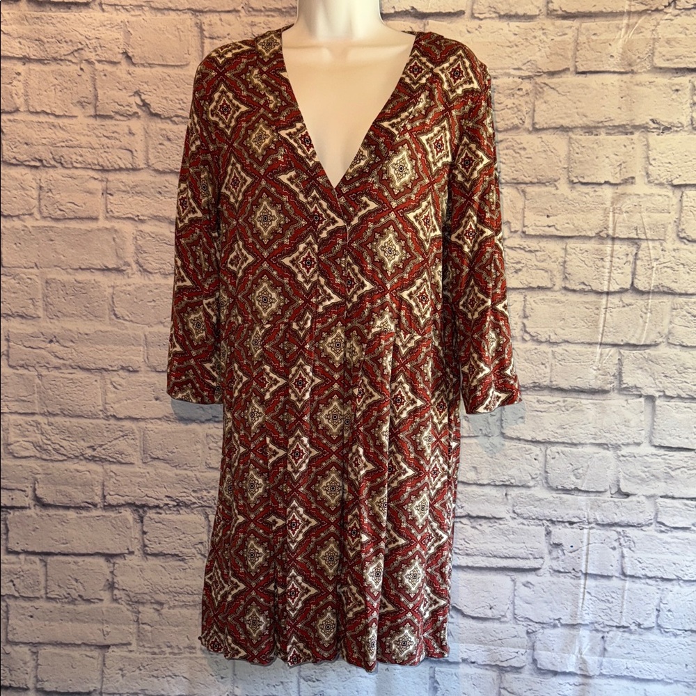 H&M Red and Cream Patterned Mini Dress Size 2